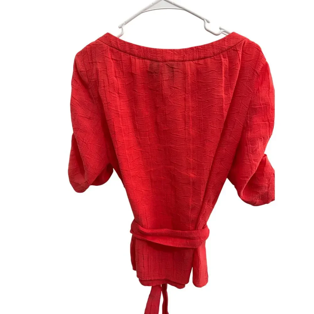 DUE PER DUE Coral Textured Puff-Sleeve Blouse with Waist Tie - Picture 3 of 8